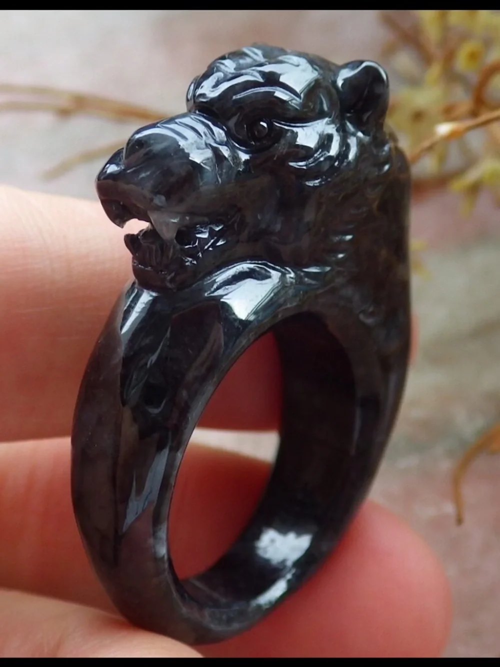 Certificate JADEITE Jade carved black Tiger luck good fortune ring size 7.75